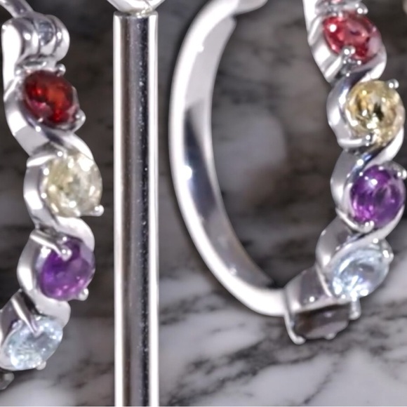 Multi Gemstone 2.60ctw Hoop Silver Earrings in Stainless Steel - Picture 7 of 8